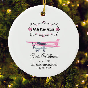 Student Pilot First Solo Flight Pink Airplane xmas Ceramic Ornament