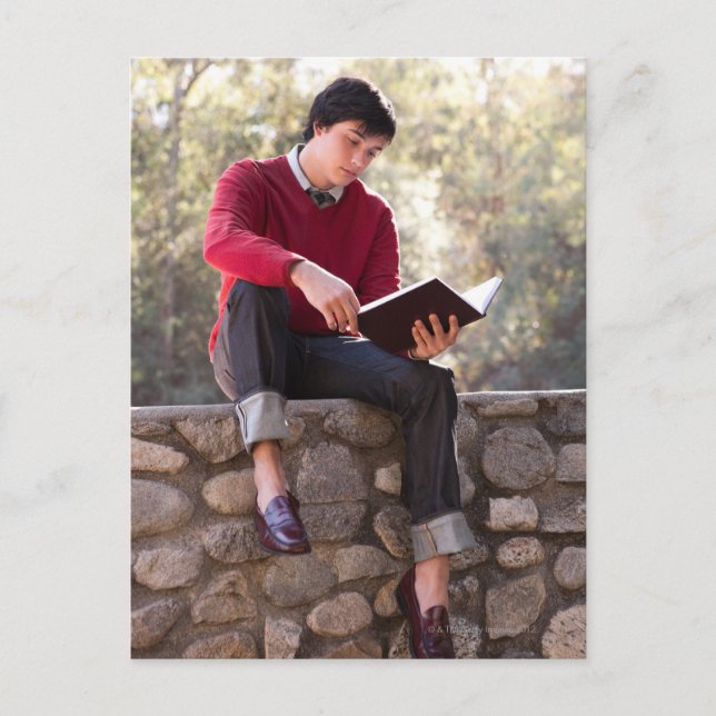 Student Reading Book and Sitting on Stone Wall Postcard (Front)