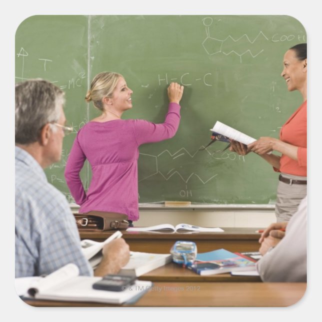 Students and teacher in classroom square sticker (Front)
