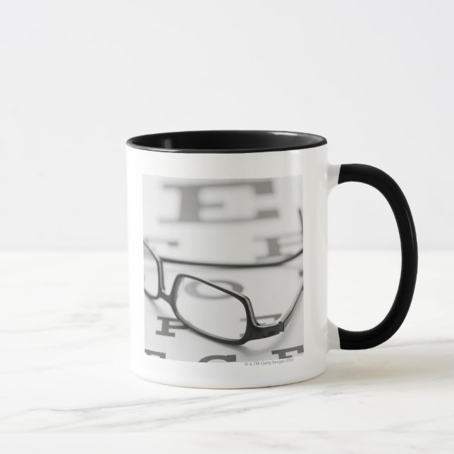 Studio shot of eyeglasses on eye chart mug (Right)