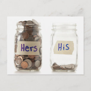 Studio shot of two jars with coins labelled postcard