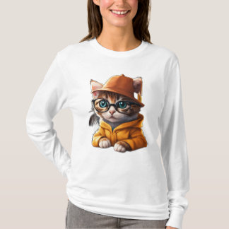 Studious Kitty: Cartoon Kitten with Hat & Glasses  T-Shirt