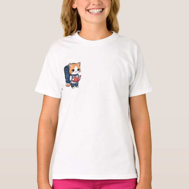 Studious School Cat Reading Kids T-Shirt (Front)
