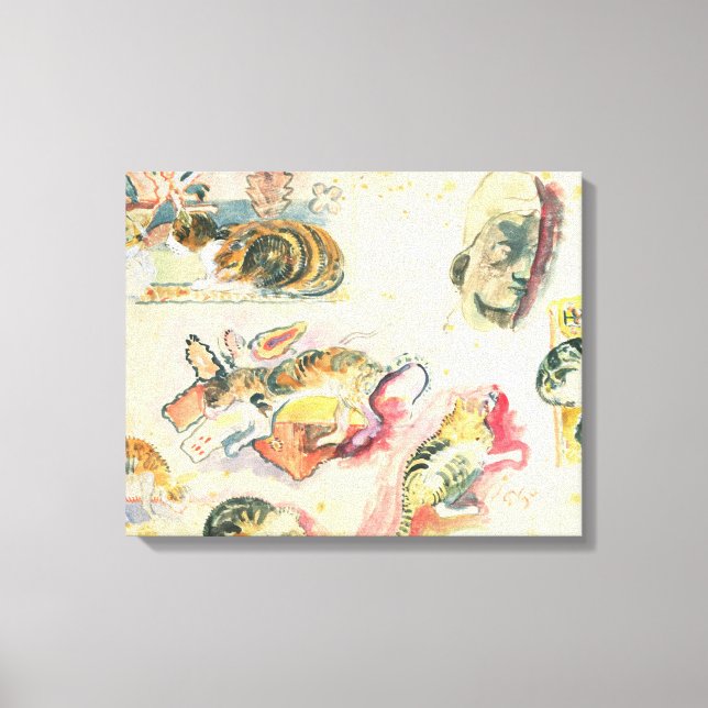 Study of Cats and a Head (w/c on paper) Canvas Print (Front)