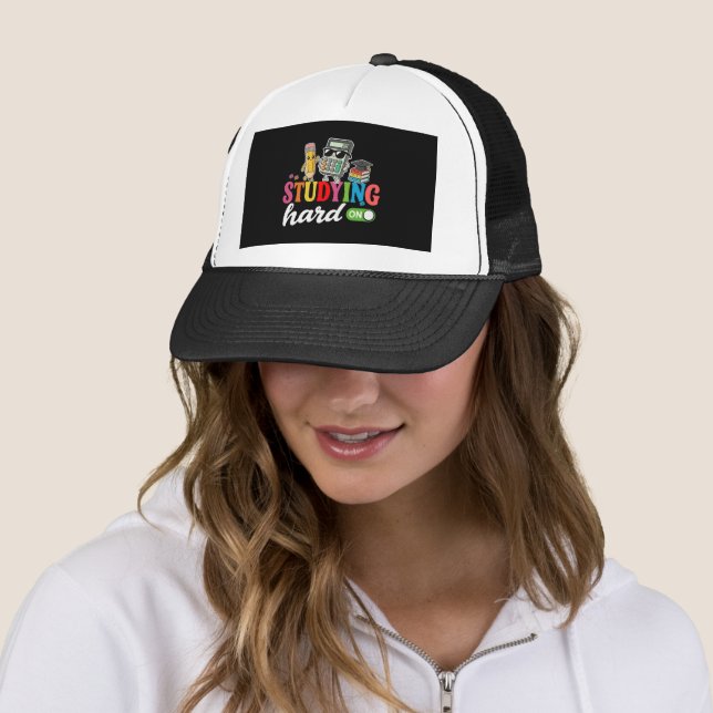 Studying Hard Mode On | Cute Kawaii School Supplie Trucker Hat (In Situ)