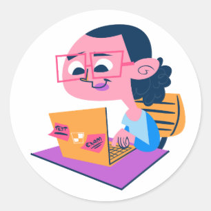 Studying Student Laptop Exam Prep Retro Cartoon St Classic Round Sticker