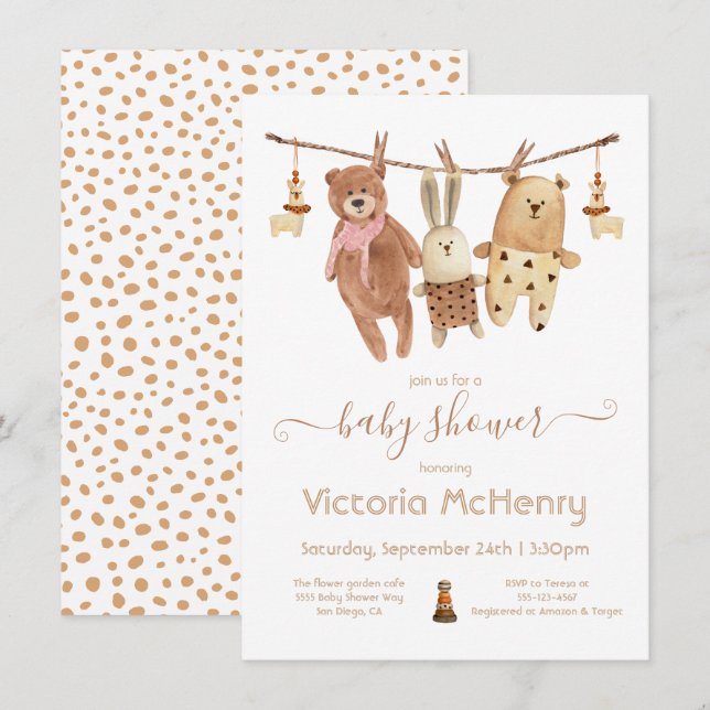 Stuffed Animals Boho Clothesline Baby Shower Invitation (Front/Back)