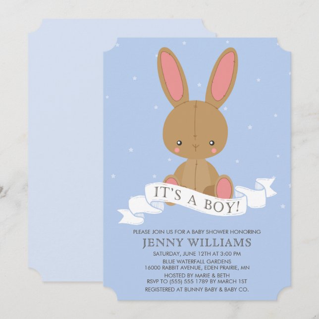 Stuffed Brown Bunny Rabbit Boy Baby Shower Invite (Front/Back)