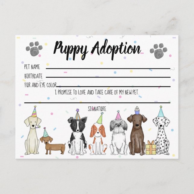 Stuffed Toy Puppy Adoption Card for Party Favour (Front)