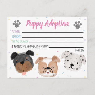 Stuffed Toy Puppy Adoption Card for Party Favour