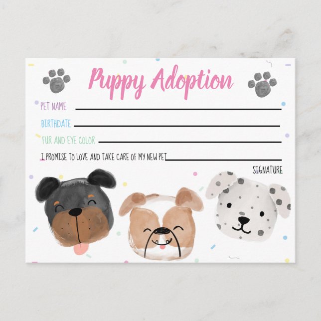 Stuffed Toy Puppy Adoption Card for Party Favour (Front)