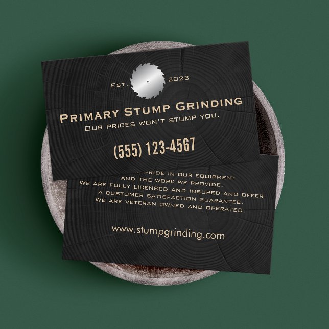 Stump Grinding Saw on Tree Trunk Rings Business Card (Creator Uploaded)