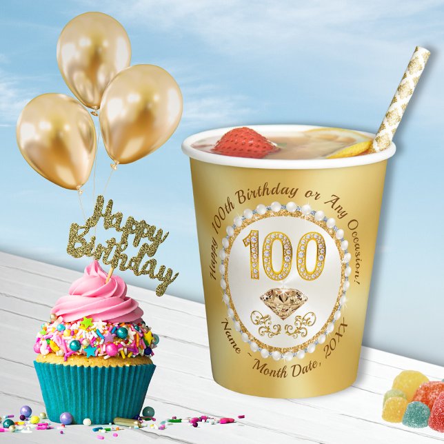 Stunning 100th, Birthday Paper Cups, Personalized Paper Cups (100th birthday supplies, Birthday Paper Cups for 100 year birthday party for mom, grandma. 100 year.)