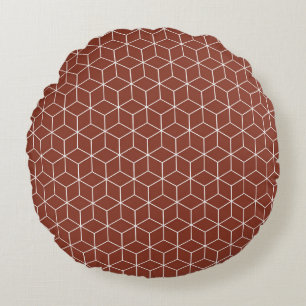 Stunning 3D Effects: White Cubes on Brick-Red Round Pillow
