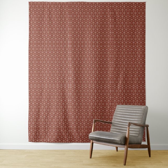 Stunning 3D Effects: White Cubes on Brick-Red  Tapestry (In Situ)