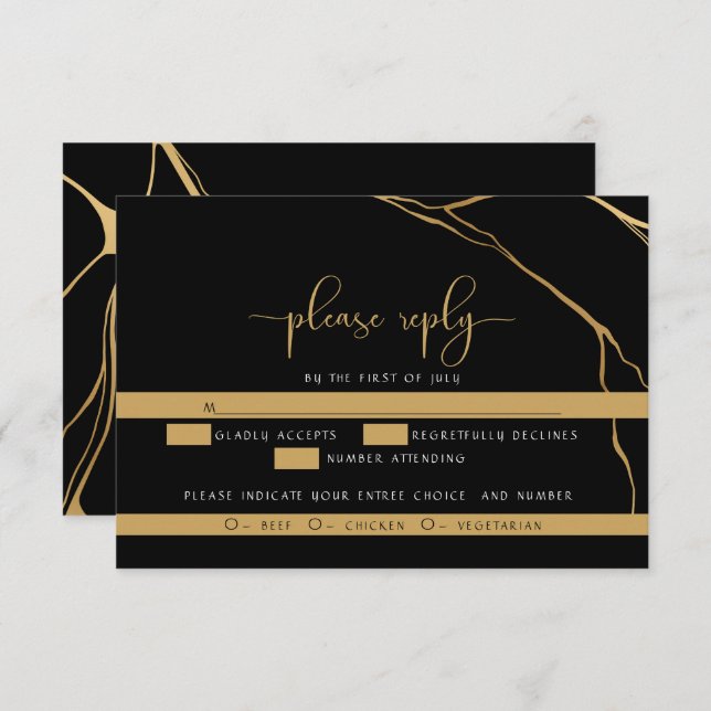 Stunning Abstract Black and Gold Kintsugi RSVP Card (Front/Back)