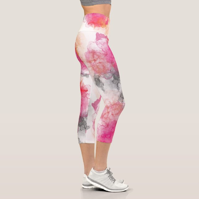 Stunning Abstract Pink Coral Charcoal Alcohol Ink Capri Leggings (Right)
