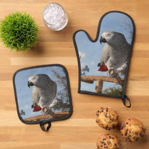 Stunning African Grey Parrot Oven Mitt & Pot Holder Set