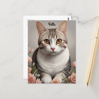Stunning American Shorthair Cat with Delicate Rose Postcard