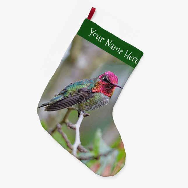 Stunning Anna's Hummingbird on Plum Tree Branch Large Christmas Stocking (Front (Hanging))