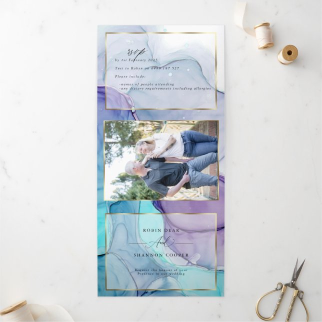 Stunning Aqua Violet Abstract Ink Tri-Fold CUSTOM Invitation (Outside)