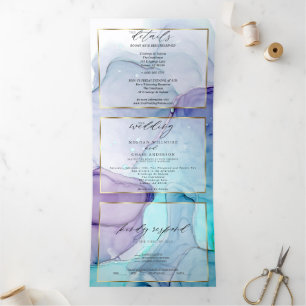 Stunning Aqua Violet Abstract Ink Tri-Fold Invitat