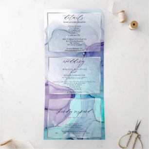 Stunning Aqua Violet Abstract Ink Tri-Fold Invitat Invitation