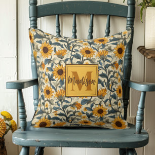 Stunning Art Nouveau Sunflower Monogrammed Throw Pillow