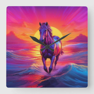 Stunning Artwork of Horse at Sunset Square Wall Clock