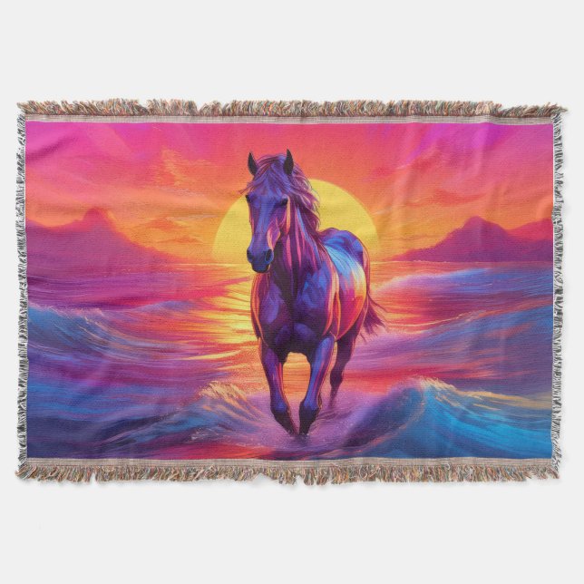 Stunning Artwork of Horse at Sunset Throw Blanket (Front)