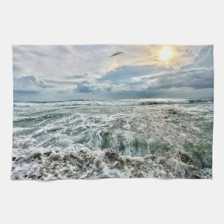 stunning beach scene with crashing waves kitchen towel