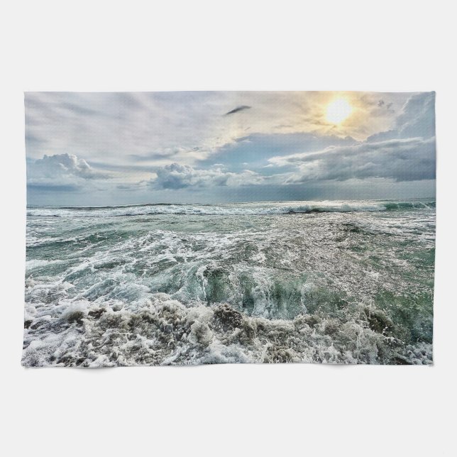 stunning beach scene with crashing waves kitchen towel (Horizontal)