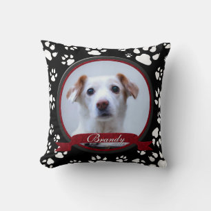 Stunning Black and White Dog Memorial Paw Prints Throw Pillow