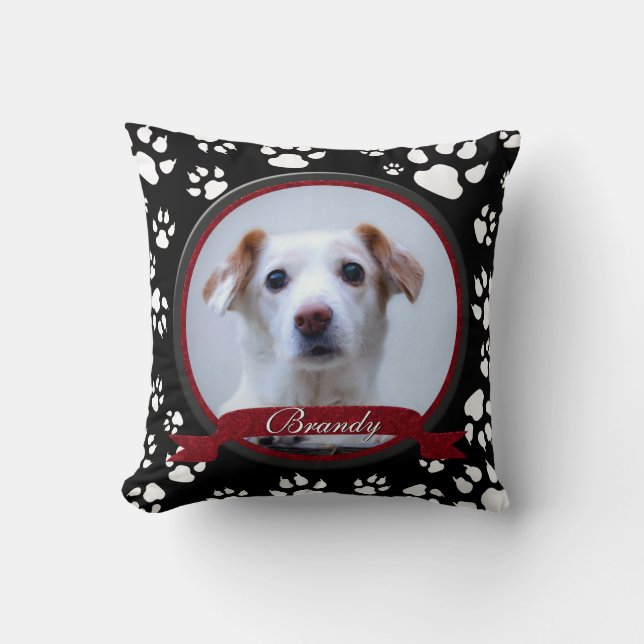 Stunning Black and White Dog Memorial Paw Prints Throw Pillow (Front)
