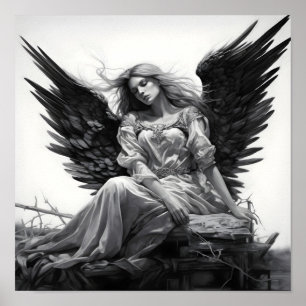 stunning black and white sleeping angel drawing poster