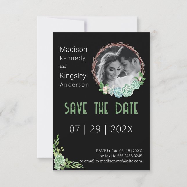 Stunning Black Eucalyptus Fab Save the Date Photo  (Front)