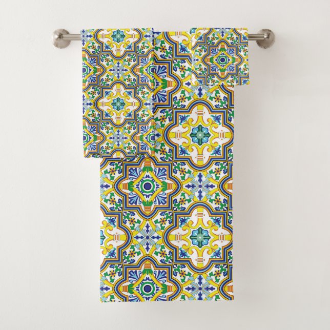 💛💙💚Stunning blue and yellow Azulejos  Bath Towel Set (Insitu)