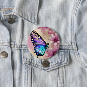 Stunning Blue Butterfly and Pink Flowers 3 Inch Round Button