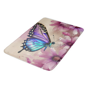 Stunning Blue Butterfly and Pink Flowers Bath Mat