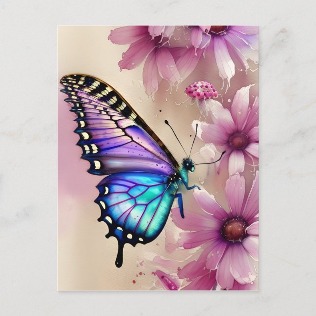 Stunning Blue Butterfly and Pink Flowers Postcard (Front)