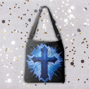 Stunning Blue Christian Cross on black Crossbody Bag