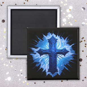 Stunning Blue Christian Cross on black   Magnet
