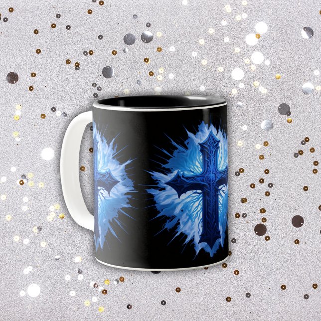 Stunning Blue Christian Cross on black | Two-Tone Coffee Mug (Creator Uploaded)