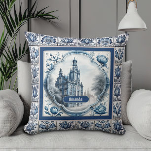 Stunning Blue Floral Chinoiserie Toile Monogram Throw Pillow