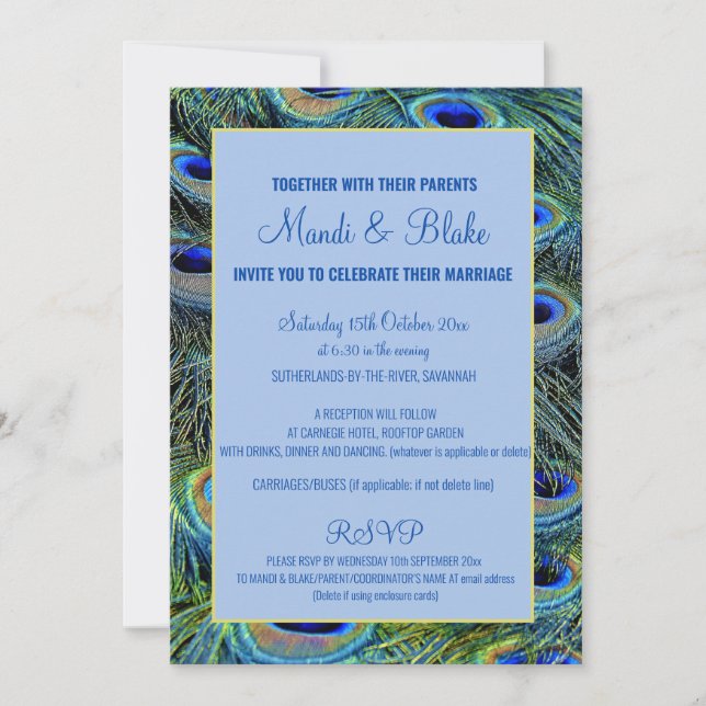 Stunning Blue & Gold Peacock Feathers Wedding Invitation (Front)