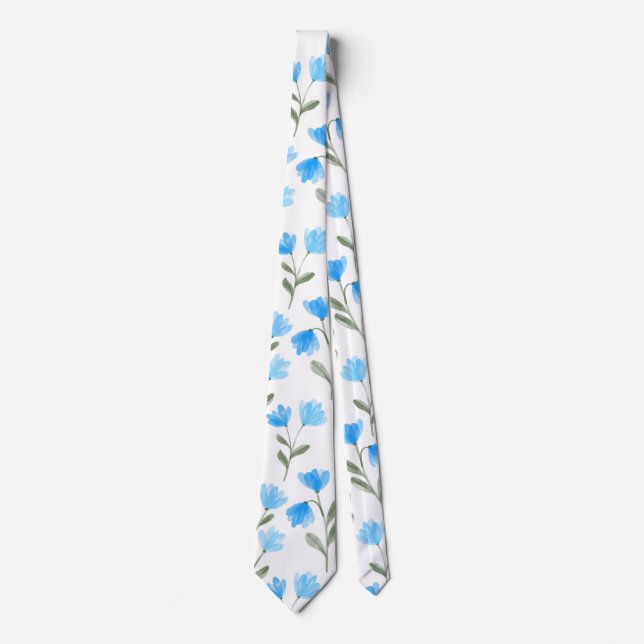 Stunning Blue Watercolor Floral Print Tie (Front)