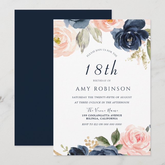 Stunning Blush & Navy Floral 18th Birthday Party Invitation (Front/Back)