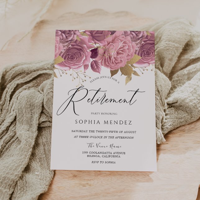 Stunning Blush Pink Floral Gold Retirement Party Invitation (Creator Uploaded)