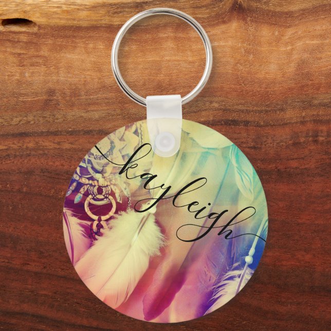 Stunning Boho Bohemian Style Dreamcatcher Feathers Keychain (Front)