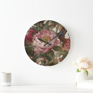 Stunning Bold Floral Design Butterfly and Peonies Large Clock